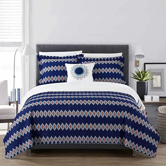 King size 4 Piece Cotton Blue White Boho Geometric Reversible Quilt Set Photo 2