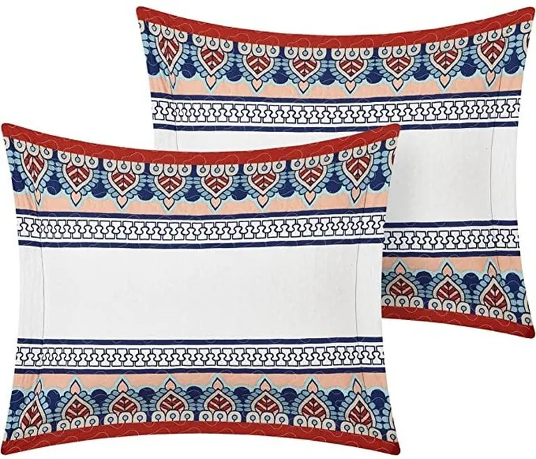 King size 4 Piece Cotton Blue White Boho Geometric Reversible Quilt Set Photo 4