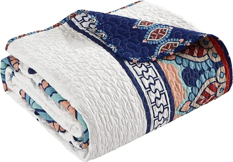 King size 4 Piece Cotton Blue White Boho Geometric Reversible Quilt Set Photo 3