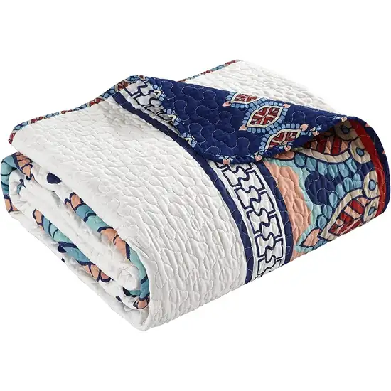 King size 4 Piece Cotton Blue White Boho Geometric Reversible Quilt Set Photo 3