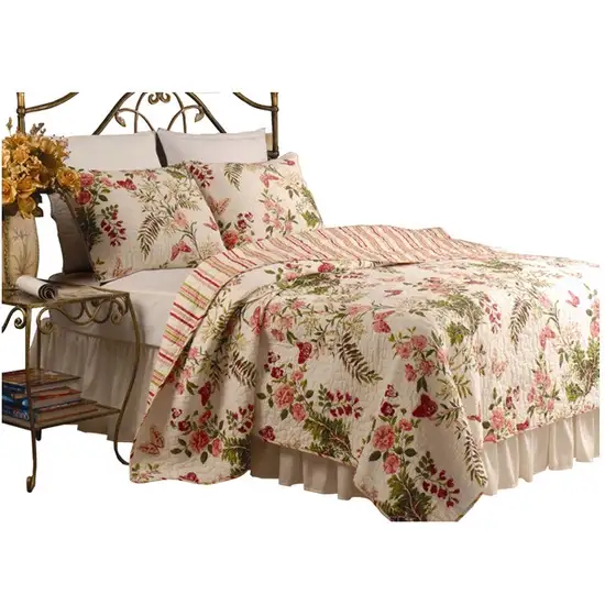 King size 3-Piece Cotton Quilt Set in Pink Beige Floral Butterflies Photo 2