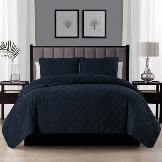 King size 3-Piece Navy Blue Polyester Microfiber Reversible Diamond Quilt Set Photo 1