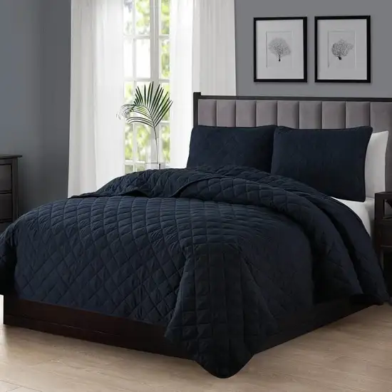 King size 3-Piece Navy Blue Polyester Microfiber Reversible Diamond Quilt Set Photo 2