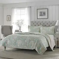 Photo of King size 3-Piece Reversible Cotton Quilt Set with Seafoam Blue Beige Floral Pattern