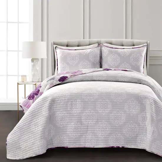 King size Purple Grey Flowers Lightweight Polyester Microfiber Quilt Set Photo 3