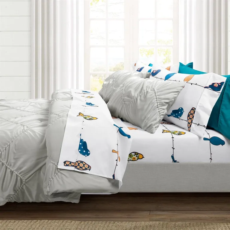 King size Teal Yellow White Floral Birds on Wire Soft Polyester 6 Piece Sheet Set Photo 3