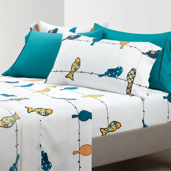 King size Teal Yellow White Floral Birds on Wire Soft Polyester 6 Piece Sheet Set Photo 1