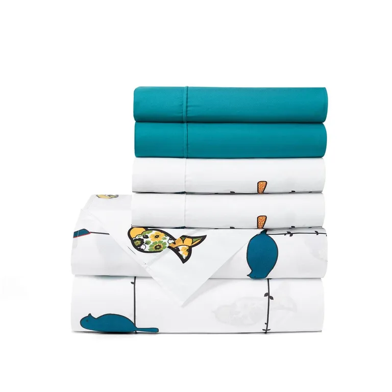 King size Teal Yellow White Floral Birds on Wire Soft Polyester 6 Piece Sheet Set Photo 2