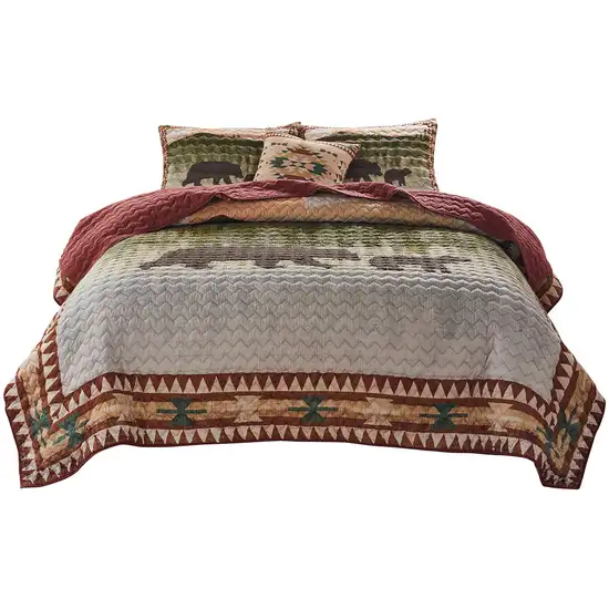 Kip 3 Piece Soft Microfiber Queen Quilt Set, Simple Bear Print, Multicolor Photo 2