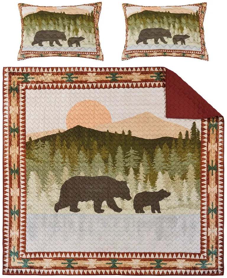 Kip 3 Piece Soft Microfiber Queen Quilt Set, Simple Bear Print, Multicolor Photo 3