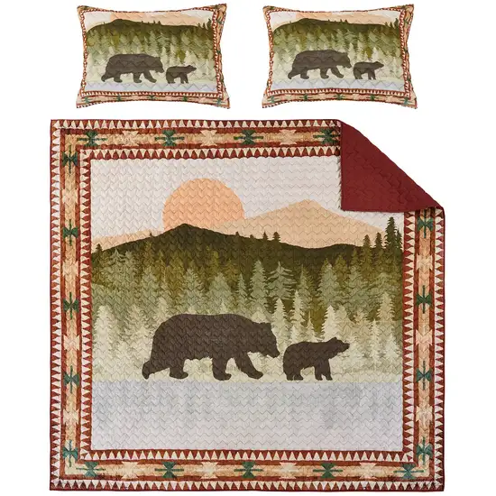 Kip 3 Piece Soft Microfiber Queen Quilt Set, Simple Bear Print, Multicolor Photo 4