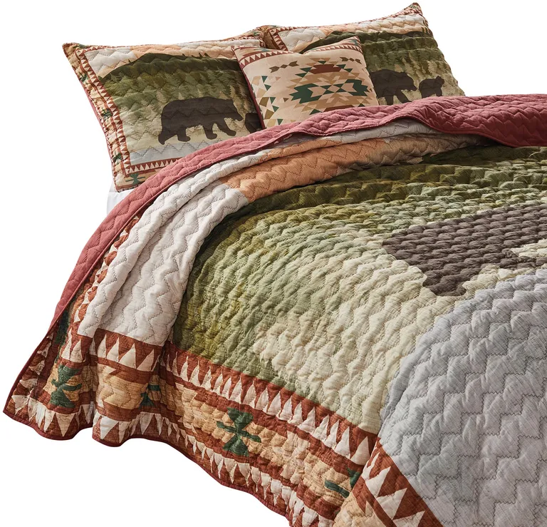 Kip 3 Piece Soft Microfiber Queen Quilt Set, Simple Bear Print, Multicolor Photo 2