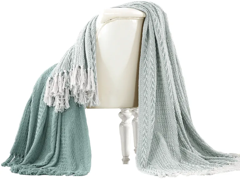 Latina Cotton Throw with Decorative Fringe The Urban Port, Set of 2, Aqua Blue Photo 1