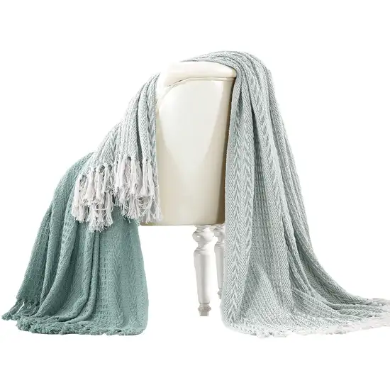 Latina Cotton Throw with Decorative Fringe The Urban Port, Set of 2, Aqua Blue Photo 1