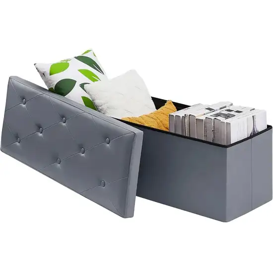 Light Grey Faux Leather Upholstered End of Bed Storage Bench Ottoman Photo 1