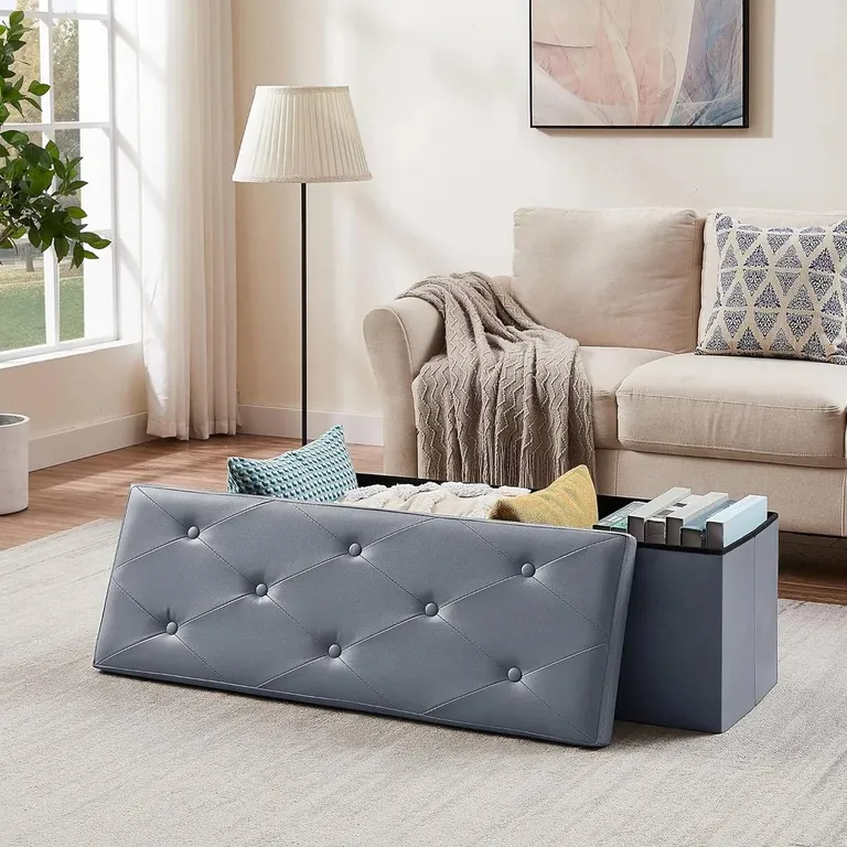 Light Grey Faux Leather Upholstered End of Bed Storage Bench Ottoman Photo 4