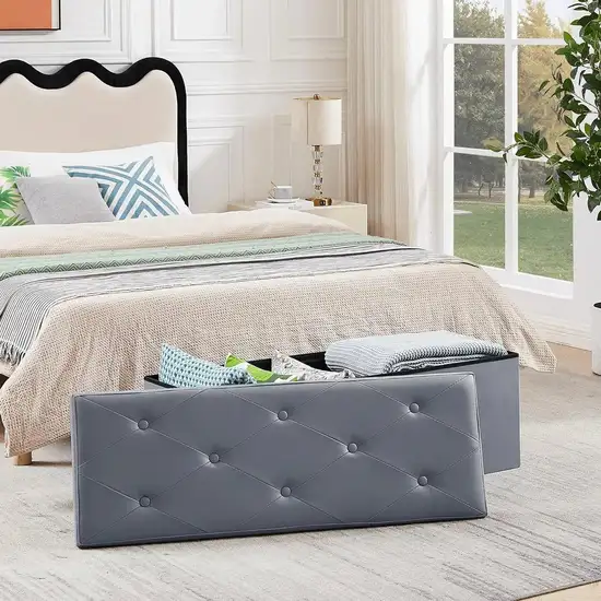 Light Grey Faux Leather Upholstered End of Bed Storage Bench Ottoman Photo 2