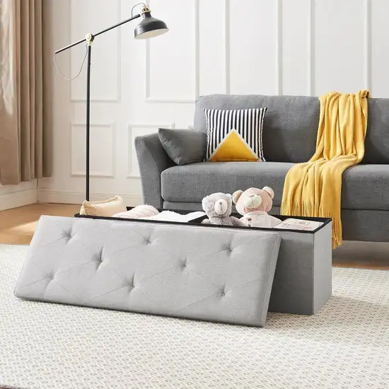 Light Grey Linen Upholstered Bedroom Living Room Entryway Storage Bench Ottoman Photo 2