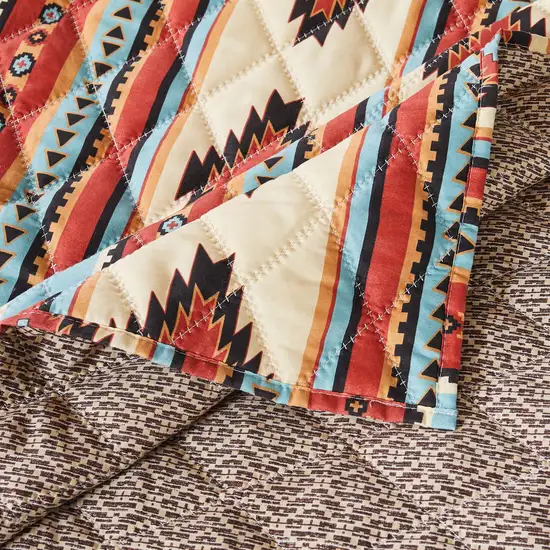 Linda 3 Piece Full Quilt Set, Tribal Pattern, Diamond Design, Multicolor Photo 4