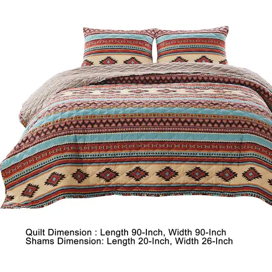 Linda 3 Piece Full Quilt Set, Tribal Pattern, Diamond Design, Multicolor Photo 5