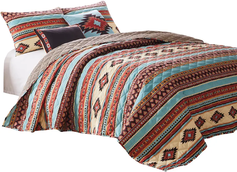 Linda 3 Piece King Quilt Set, Tribal Pattern, Diamond Design Photo 2