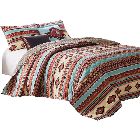 Linda 3 Piece King Quilt Set, Tribal Pattern, Diamond Design Photo 2