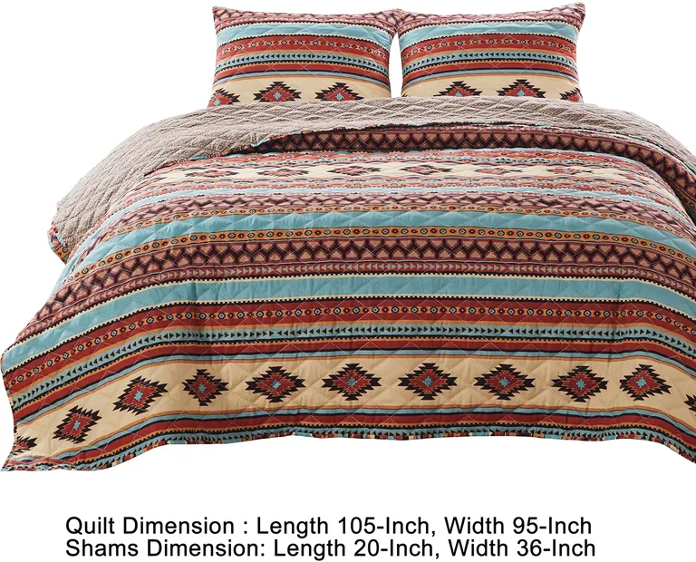 Linda 3 Piece King Quilt Set, Tribal Pattern, Diamond Design Photo 5