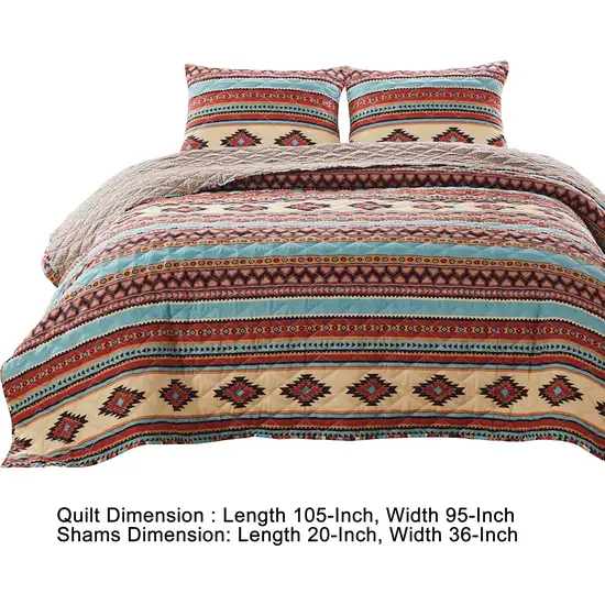 Linda 3 Piece King Quilt Set, Tribal Pattern, Diamond Design Photo 5