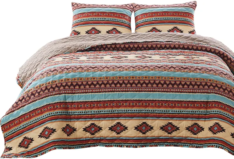 Linda 3 Piece King Quilt Set, Tribal Pattern, Diamond Design Photo 1