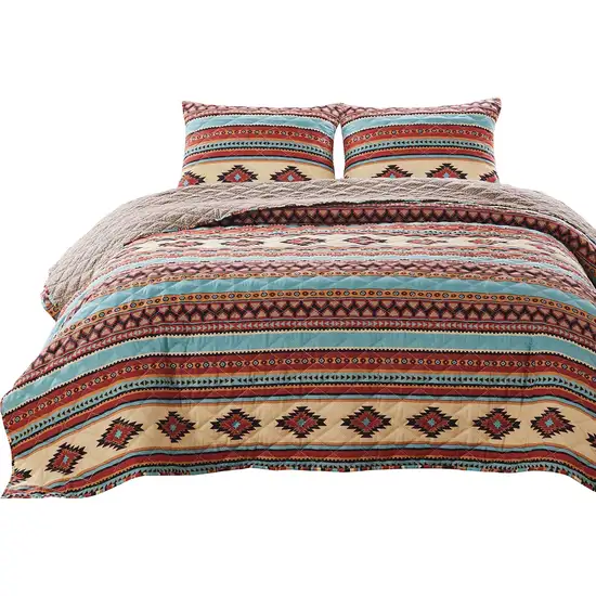 Linda 3 Piece King Quilt Set, Tribal Pattern, Diamond Design Photo 1