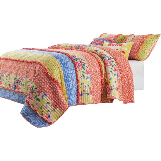 Lio 3 Piece Microfiber King Quilt Set, Bohemian Floral Pattern Photo 2