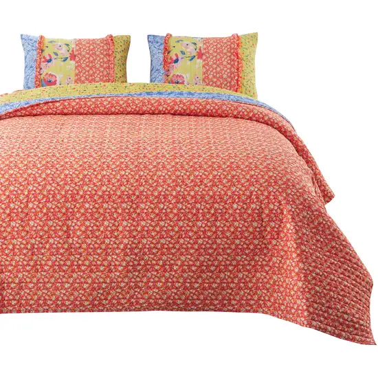 Lio 3 Piece Microfiber Queen Quilt Set, Bohemian Floral Pattern Photo 3