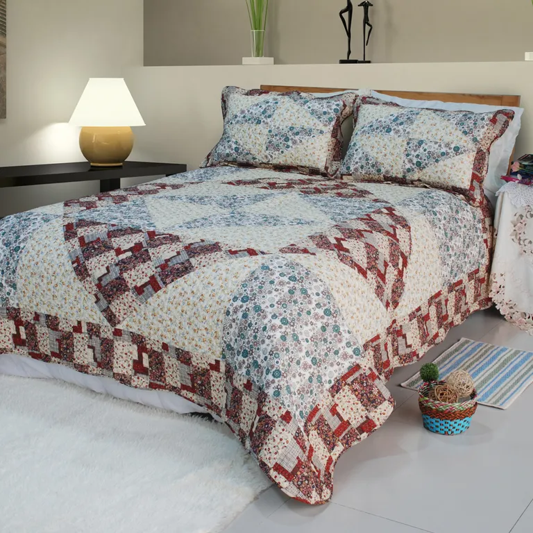Little Folka Dots - 100% Cotton 2PC Floral Vermicelli-Quilted Patchwork Quilt Set (Twin Size) Photo 1