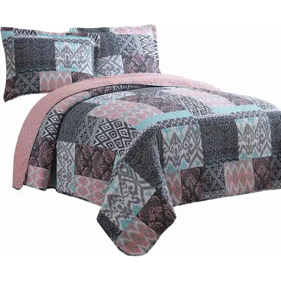 Mai 3 Piece King Cotton Quilt Set, Damask, Patchwork, Reversible, Blue Photo 5