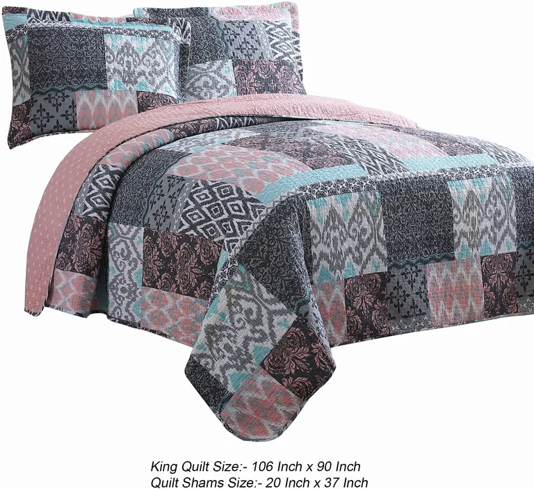 Mai 3 Piece King Cotton Quilt Set, Damask, Patchwork, Reversible, Blue Photo 4