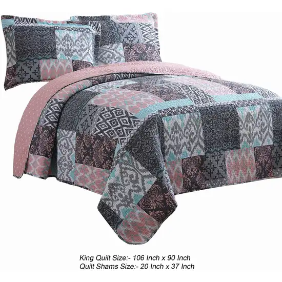 Mai 3 Piece King Cotton Quilt Set, Damask, Patchwork, Reversible, Blue Photo 4