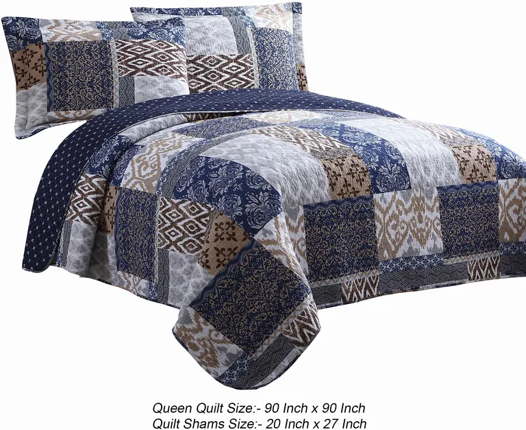 Mai 3 Piece Queen Size Cotton Quilt Set, Patchwork, Reversible Photo 5