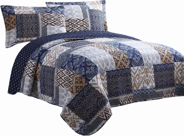 Mai 3 Piece Queen Size Cotton Quilt Set, Patchwork, Reversible Photo 1