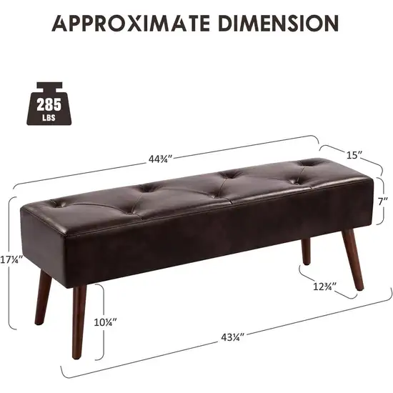 Mid-Century Bed Bench with Dark Brown Leather Upholstered Seat Solid Wood Legs Photo 5