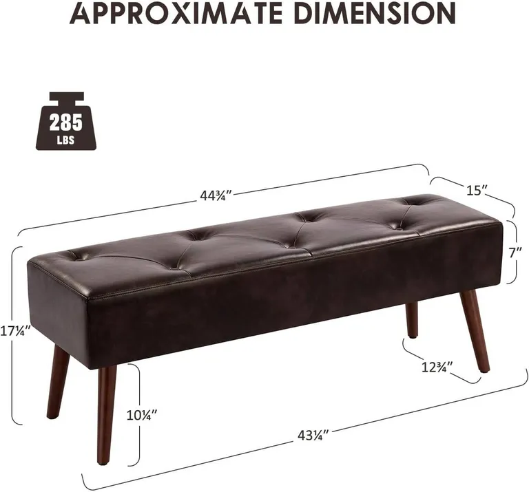 Mid-Century Bed Bench with Dark Brown Leather Upholstered Seat Solid Wood Legs Photo 5