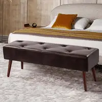 Photo of Mid-Century Bed Bench with Dark Brown Leather Upholstered Seat Solid Wood Legs