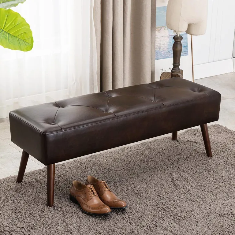 Mid-Century Bed Bench with Dark Brown Leather Upholstered Seat Solid Wood Legs Photo 2