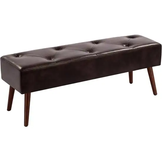 Mid-Century Bed Bench with Dark Brown Leather Upholstered Seat Solid Wood Legs Photo 2