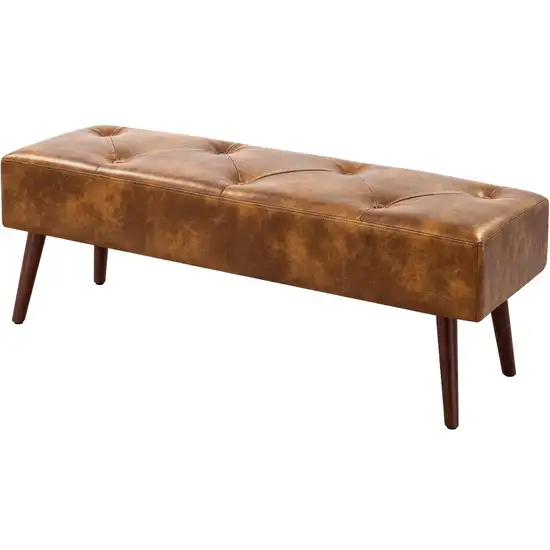 Mid-Century End of Bed Bench with Brown Leather Upholstered Seat Solid Wood Legs Photo 3