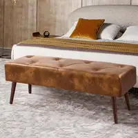 Photo of Mid-Century End of Bed Bench with Brown Leather Upholstered Seat Solid Wood Legs