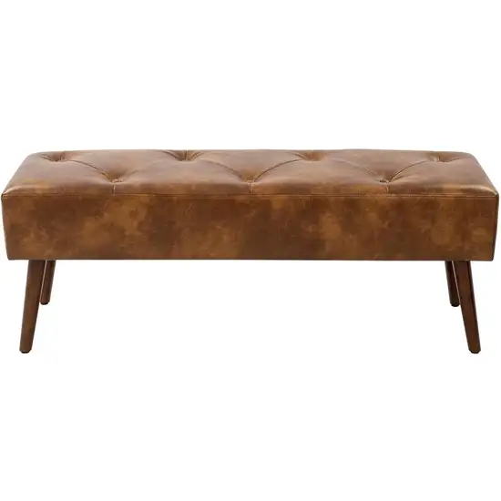 Mid-Century End of Bed Bench with Brown Leather Upholstered Seat Solid Wood Legs Photo 4