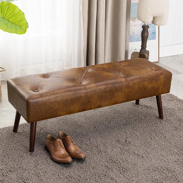 Mid-Century End of Bed Bench with Brown Leather Upholstered Seat Solid Wood Legs Photo 2