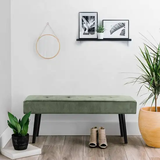 Mid-Century Green Corduroy Upholstered End of Bed Bench with Black Metal Legs Photo 3