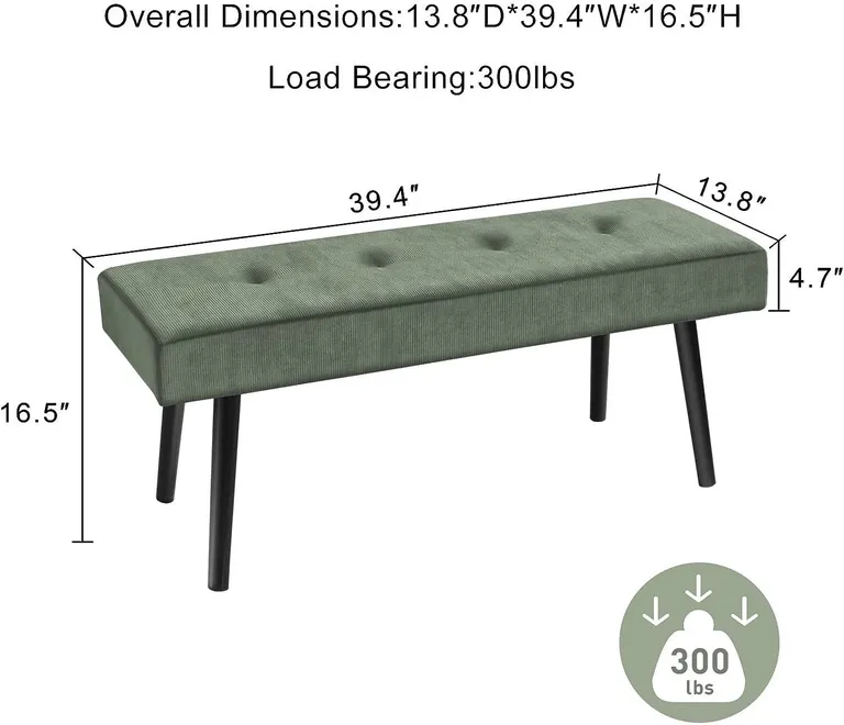 Mid-Century Green Corduroy Upholstered End of Bed Bench with Black Metal Legs Photo 5