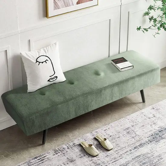 Mid-Century Green Corduroy Upholstered End of Bed Bench with Black Metal Legs Photo 4